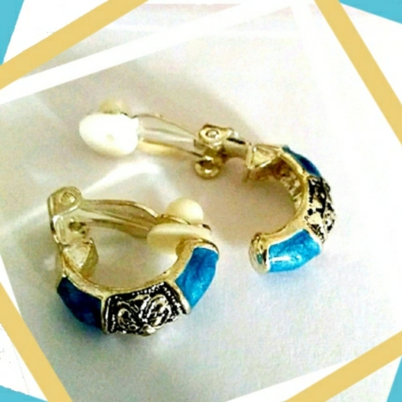 None Jewelry - Alexandra Huggie Clip On Earrings Turquoise & Silver Tone